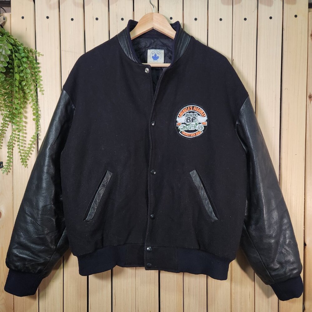 Varsity Jacket Vintage Wool and Leather Black Patched Route 66.